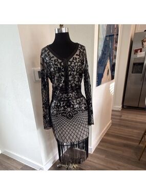NWT Unique Vintage Black Beaded Lace Fringe Long Sleeve Cocktail Dress Flapper